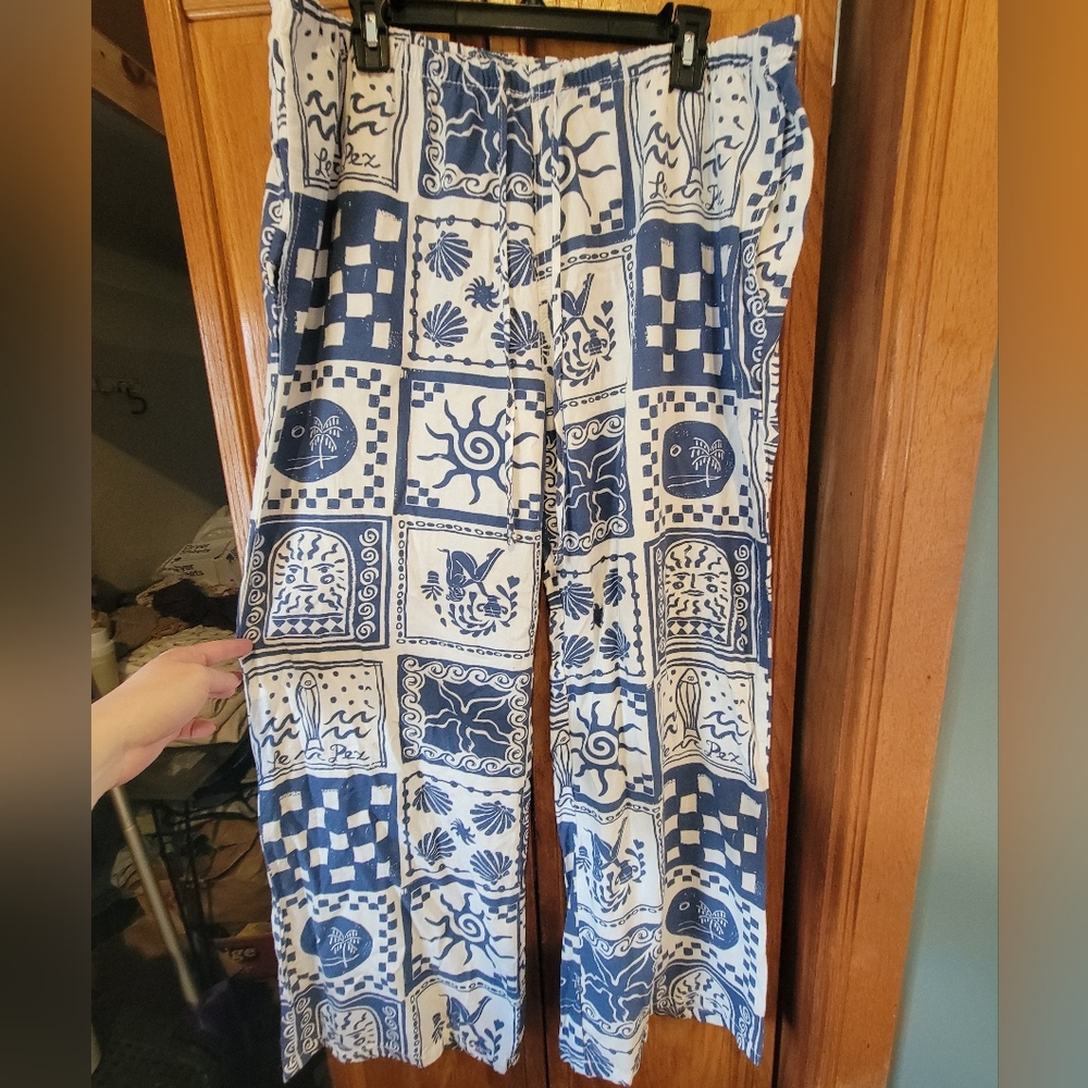 Blue and White Graphic Patchwork Palazzo Pants